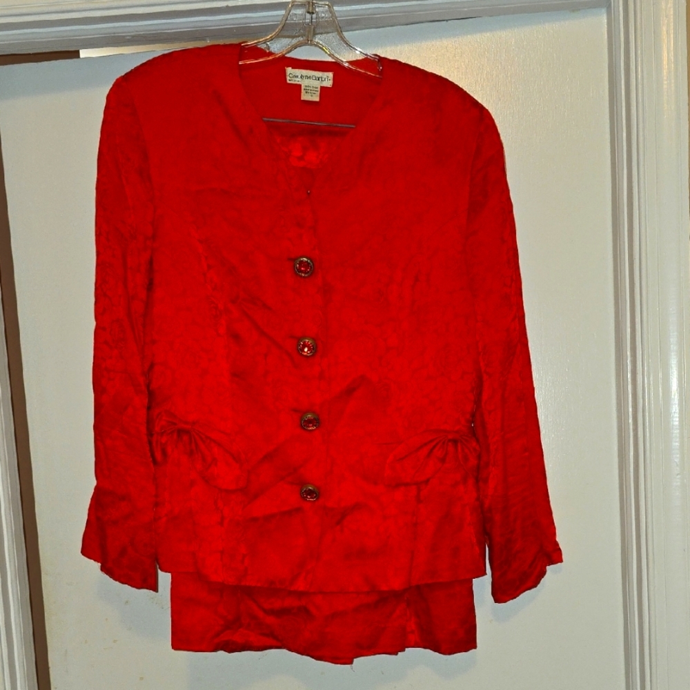 Gorgeous '90s 100% Silk Jacquard Carolyne Barton 2 Pc Red Skirt Set Evening 12